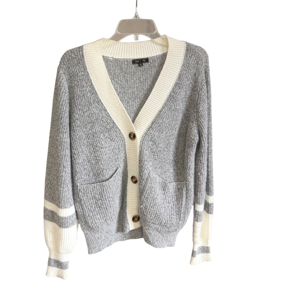 Lety & Me Cardigan Sweater Womens M Grey Varsity Stripe V-Neck Pocket Grandmacor